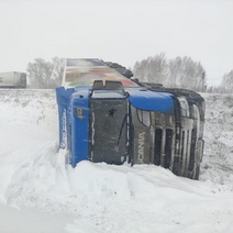 В Оренбургской области в кювет опрокинулась фура с прицепом