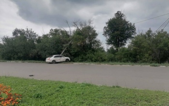 В Оренбурге автомобиль Geely Emgrand столкнулся с Kia Rio, а после въехал в столб